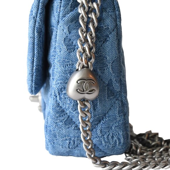 Chanel Denim Quilted Camellia Sweetheart Flap Bag Silver Hardware Blue